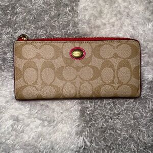 Coach Peyton Signature Khaki / Pink Salmon accordion wallet